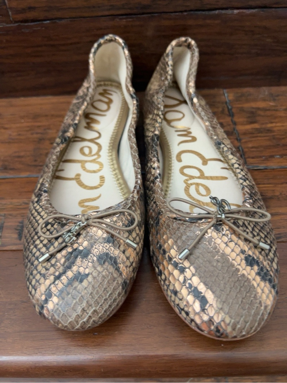 Sam Edelman Metallic Snake-Print Ballet Flats in Rose Gold and Brown